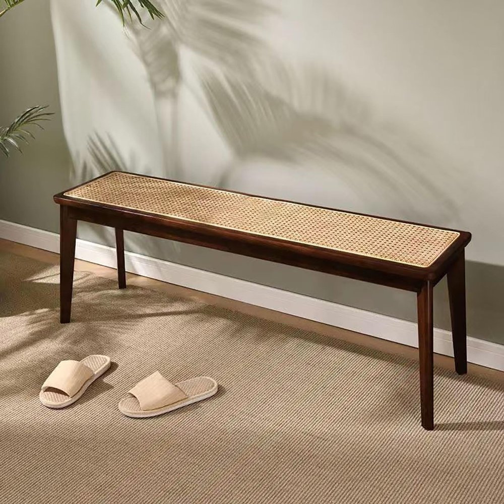 2-Seater Wooden Entryway Bench with Rattan Seat