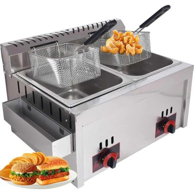 Commercial Gas Fryer, 20 L, LPG, Double-Basket Fryer with Adjustable Heat Control