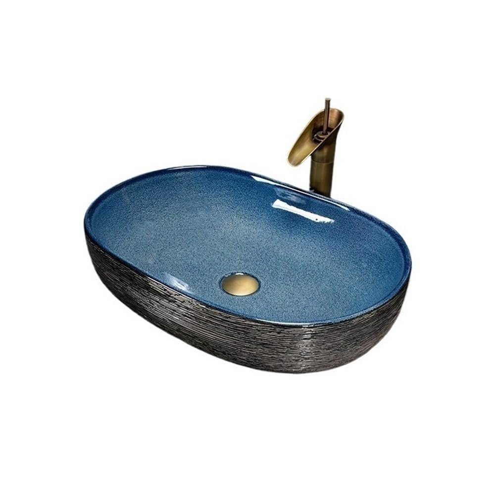HLHLOP777 Oval Ceramic Countertop Bathroom Sink with Faucet and Drain Set