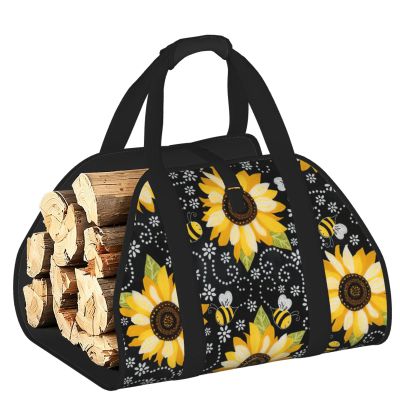DUWAA Storage Bag with Sunflower and Bee Print, Durable Indoor and Outdoor Firewood Bag