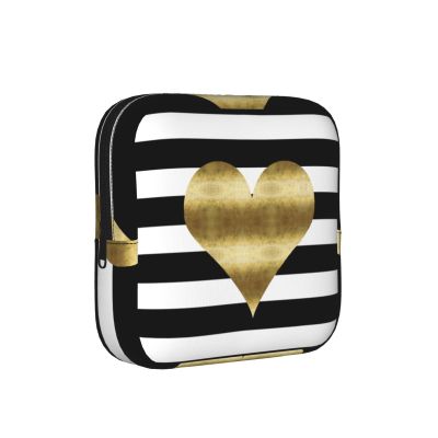 Gold Heart Stripe Print Menstrual Pad Storage Bag, Portable Holder for Pads, Period Pouch for Teenage Girls