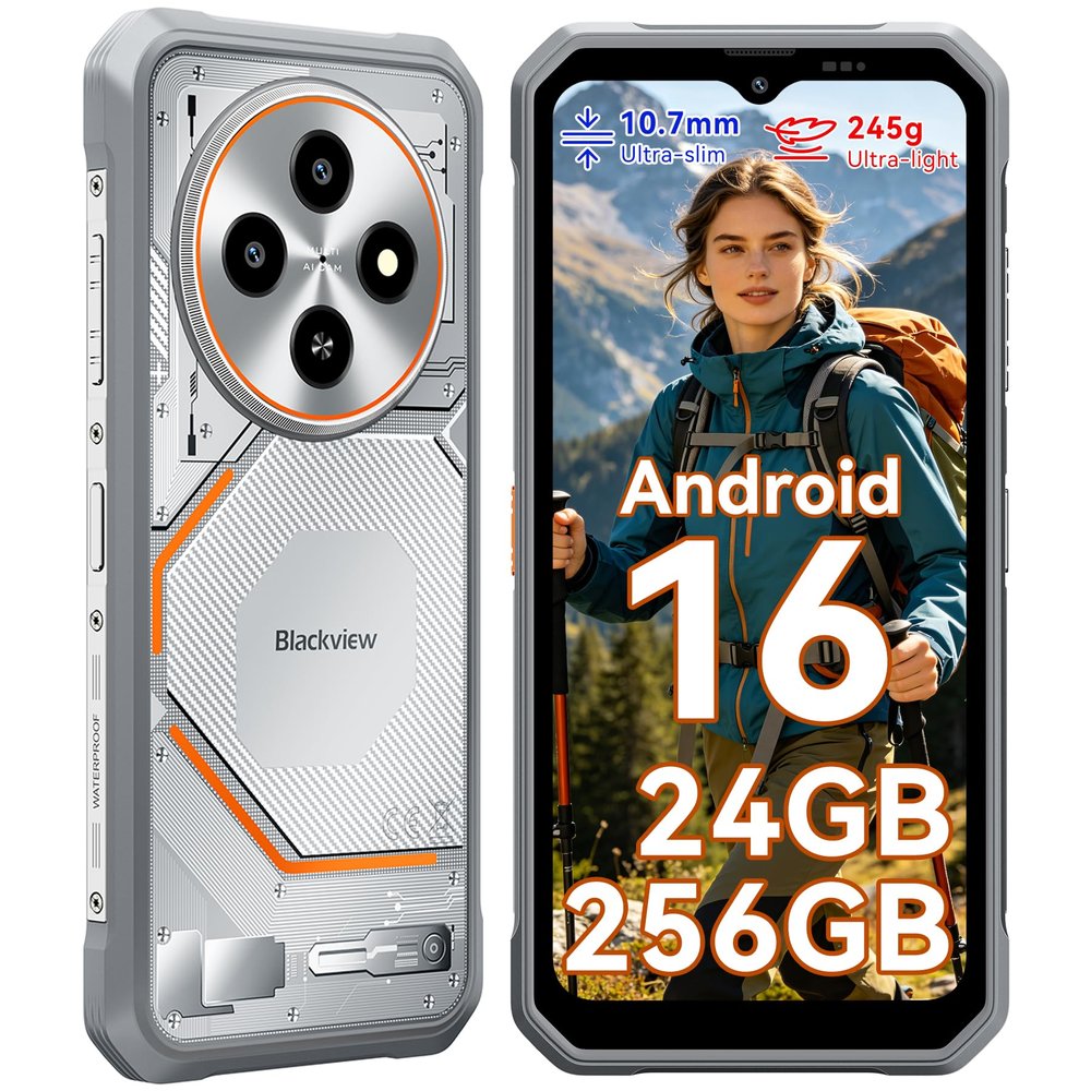 Blackview Unlocked Outdoor Smartphone, Android 16, 245g/10.7mm, 24GB+256GB/2TB, 6.56" 90Hz, IP69K, NFC, Gemini AI, 3-Year Warranty