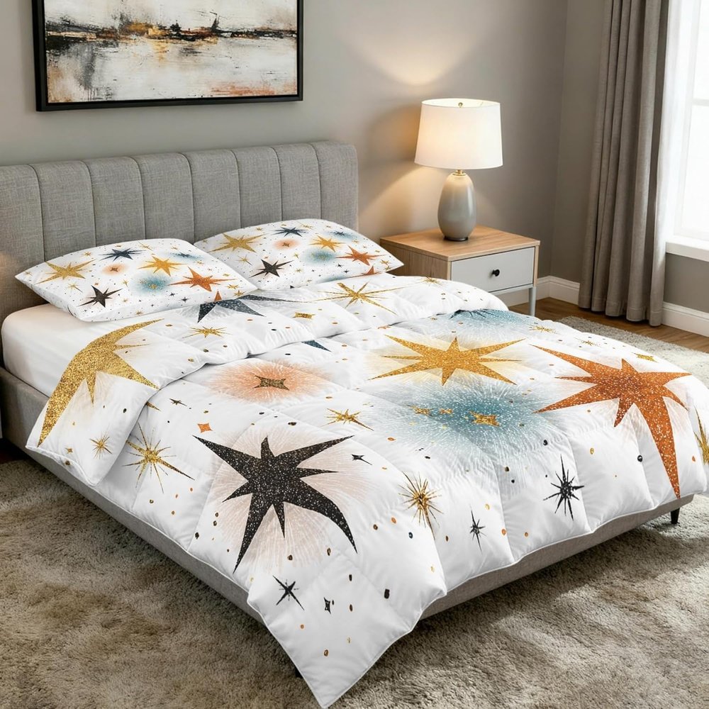 Stars Duvet 135 x 200 cm, Dot Pattern, 4-Season, with 2 Pillowcases