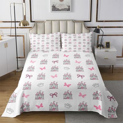 feelingyou Dreamy Castle L Gray Cartoon Hand-Drawn Bow and Butterfly Bedspread Set, Minimalist Princess Style, White Coverlet with 2 Pillow Shams