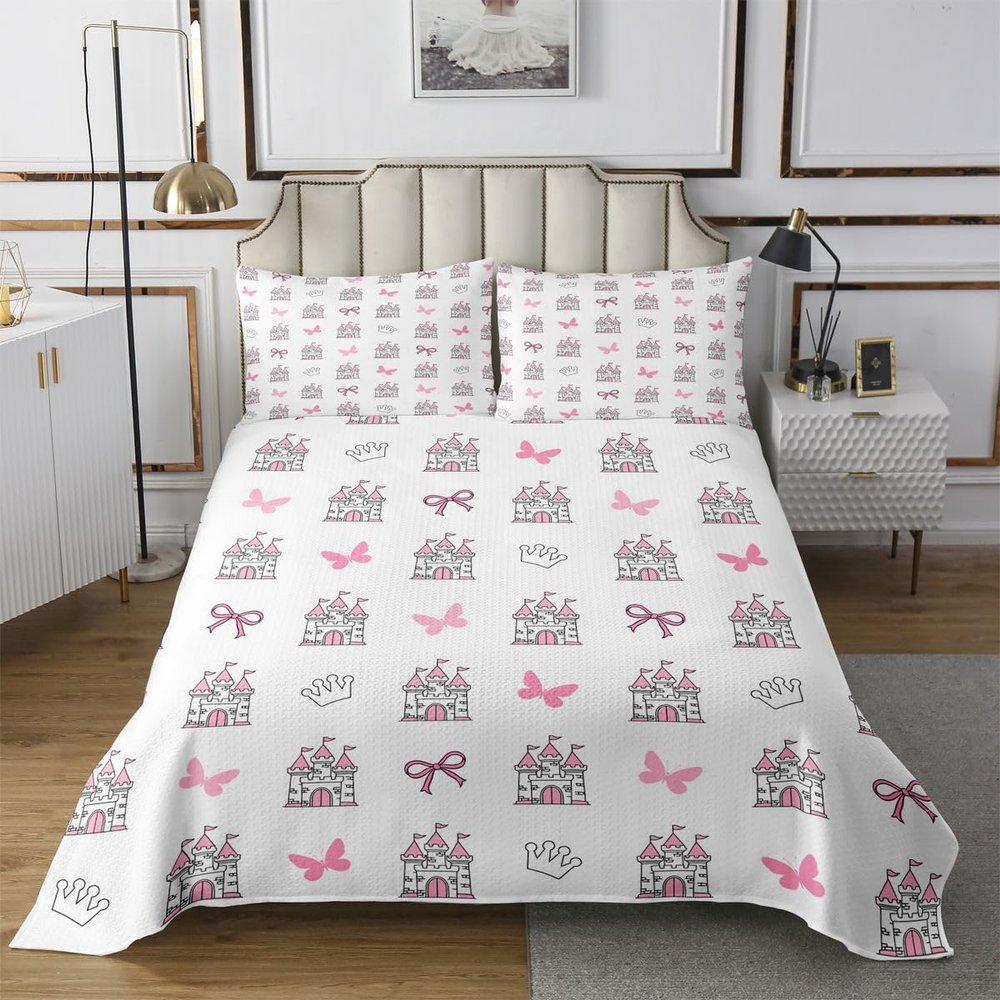 feelingyou Dreamy Castle L Gray Cartoon Hand-Drawn Bow and Butterfly Bedspread Set, Minimalist Princess Style, White Coverlet with 2 Pillow Shams