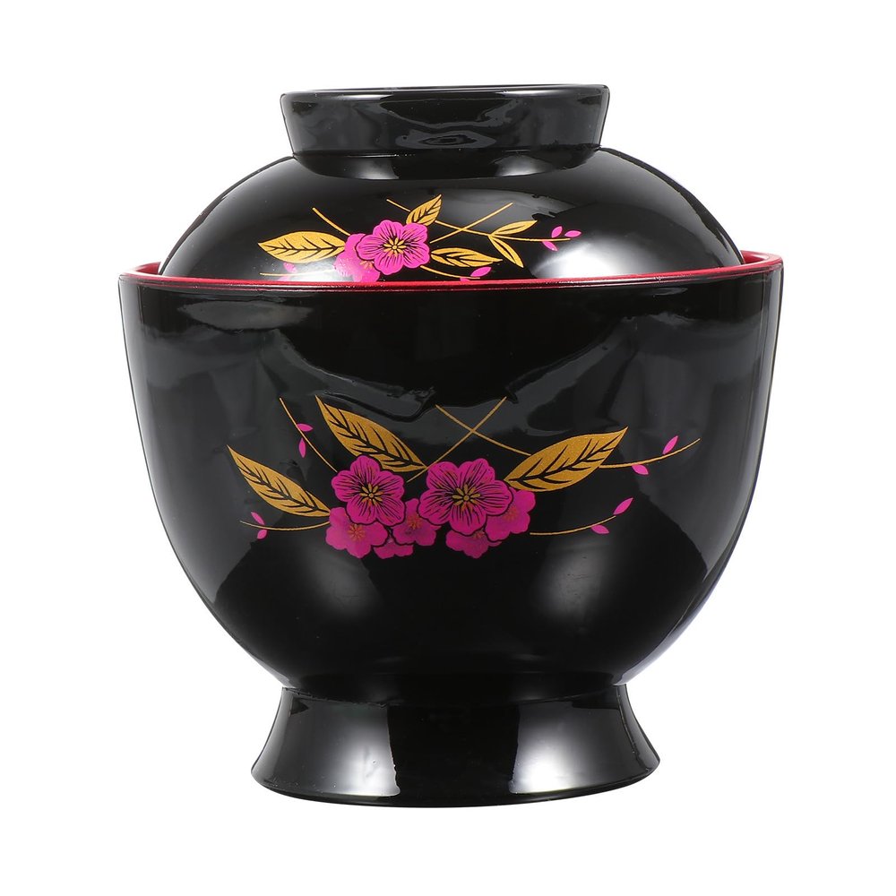 BRIGHTFUFU Japanese Miso Soup Bowl with Lid, Black Plastic