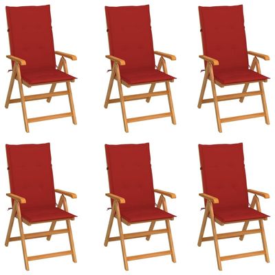 Kaorsrow Set of 6 Teak Garden Chairs, 7-Position Adjustable & Folding, with Red Cushions