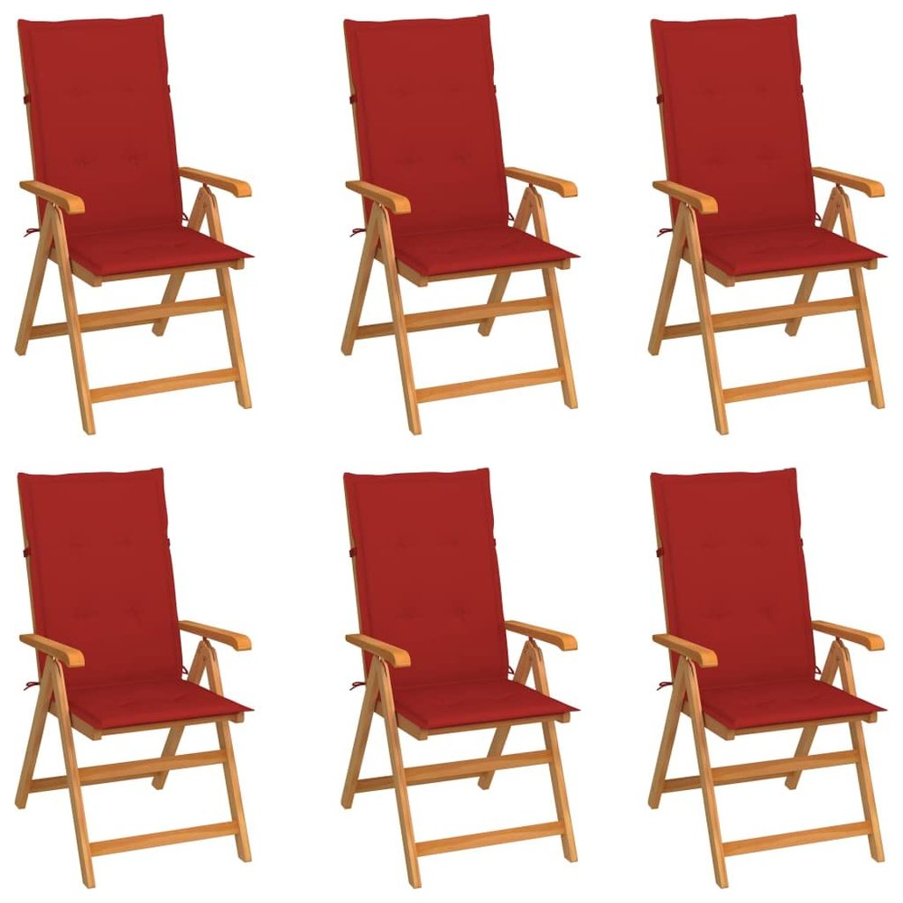 Kaorsrow Set of 6 Teak Garden Chairs, 7-Position Adjustable & Folding, with Red Cushions