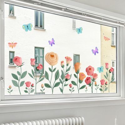 SMZhomeone 1-Piece Rose and Butterfly Window Decal, Whimsical Floral Sticker with Double-Sided Visibility, Waterproof PVC Sticker for Spring Home Decor, 89 x 296 cm