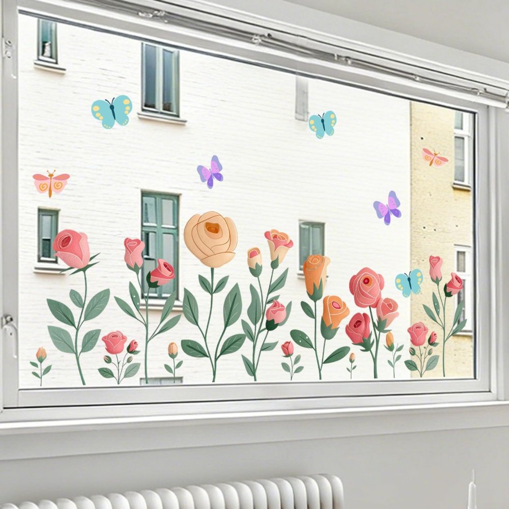 SMZhomeone 1-Piece Rose and Butterfly Window Decal, Whimsical Floral Sticker with Double-Sided Visibility, Waterproof PVC Sticker for Spring Home Decor, 89 x 296 cm
