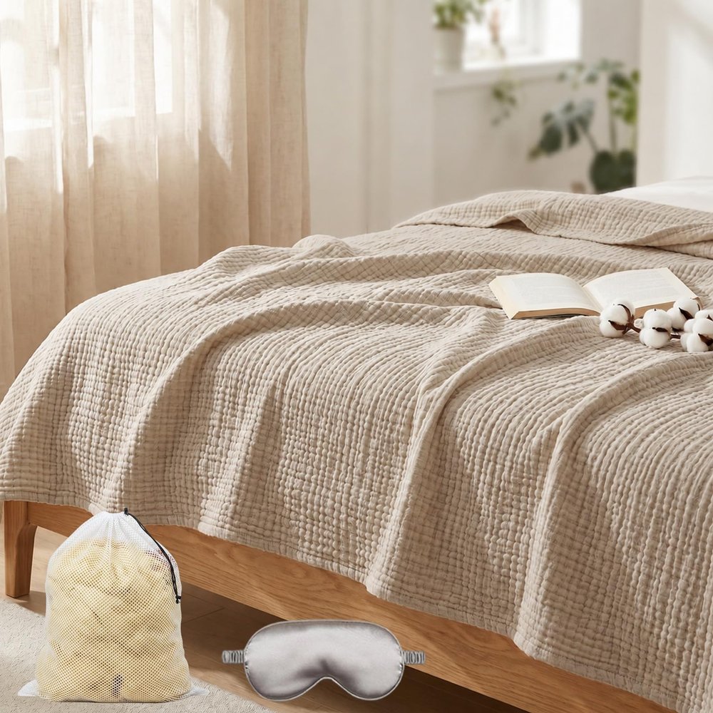 Liocwocne Soft Muslin Blanket, 100% Cotton, Lightweight Summer Blanket for Adults – Breathable Cozy Blanket and Bedspread for Sofa, Couch, and Bed (Light Beige, 230 x 280 cm)