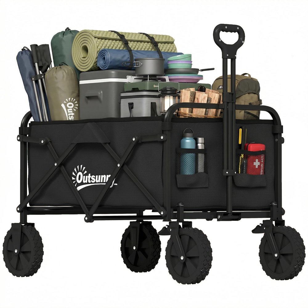 Outsunny Folding Hand Wagon with Drink Holders, 80 kg, Black