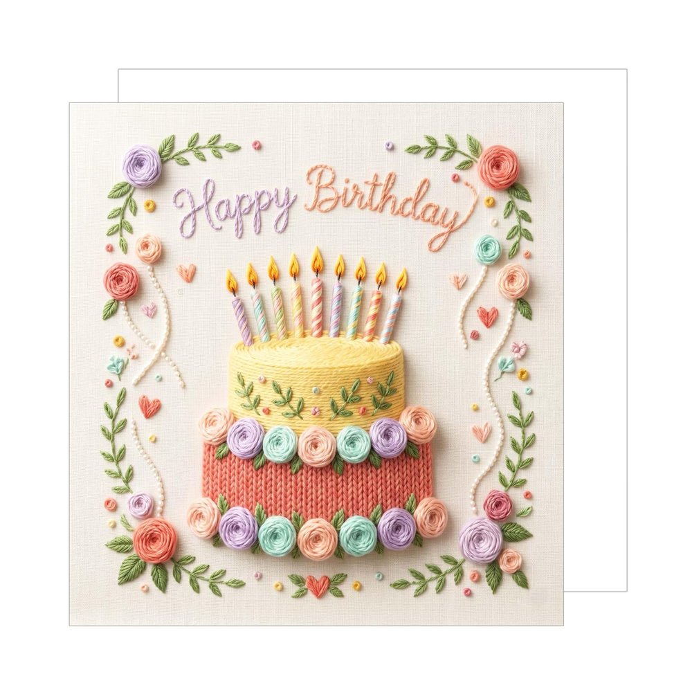 Edition Seidel Premium Square Birthday Greeting Card with Envelope, “Happy Birthday” for Woman, Girlfriend, or Mom, Birthday Cake and Flowers (GQ578 SW026)
