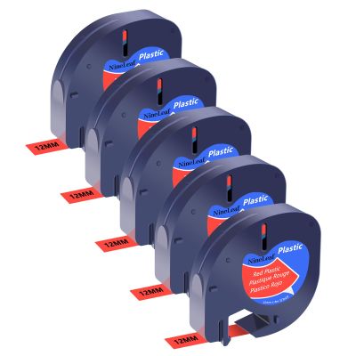 NineLeaf Compatible Label Tape for Dymo LetraTag, Black on Red, 12 mm x 4 m, 5-Pack