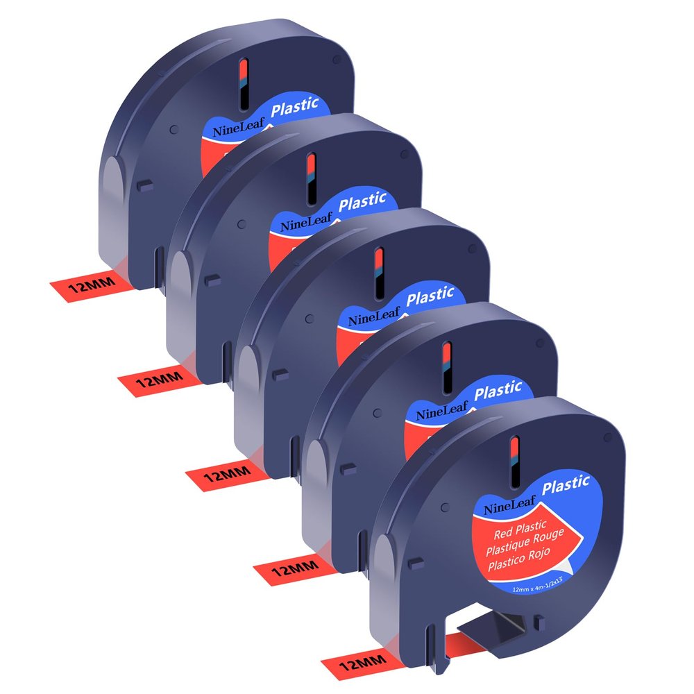 NineLeaf Compatible Label Tape for Dymo LetraTag, Black on Red, 12 mm x 4 m, 5-Pack