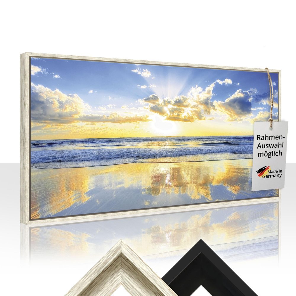 ARTLAND Canvas Print Sea Beach Sunset Panorama, 150 x 75 cm, with Shadow Gap Frame, Black or White
