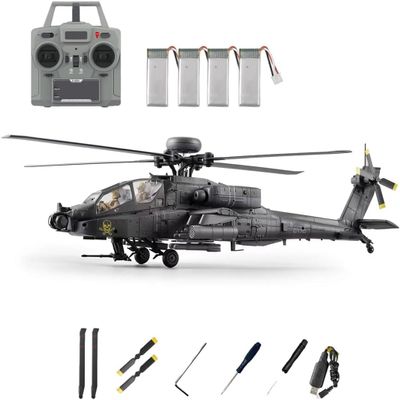 C170 AH-64D RC Helicopter, 1:48 Scale, One-Button Reverse Flight, 6-Channel Flybarless Brushless Helicopter with Optical Flow and TOF Altitude Hold, Dark Gray / 4 Batteries