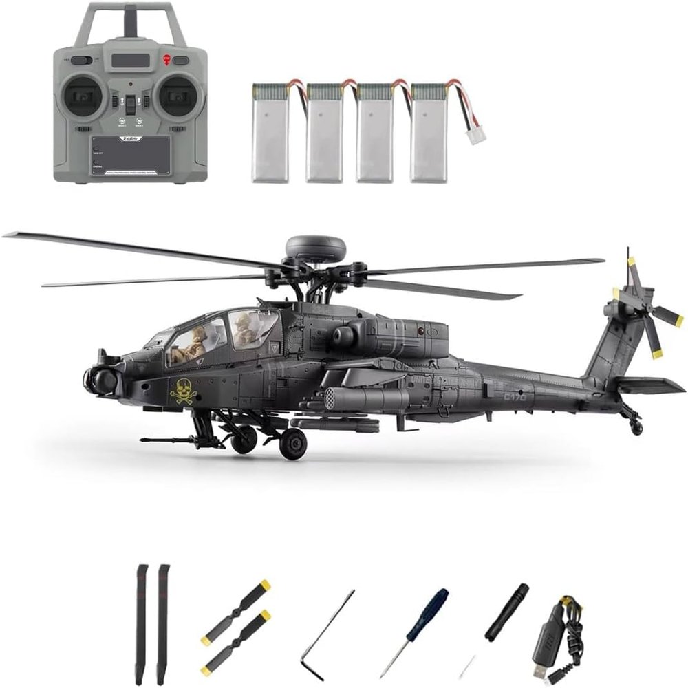 C170 AH-64D RC Helicopter, 1:48 Scale, One-Button Reverse Flight, 6-Channel Flybarless Brushless Helicopter with Optical Flow and TOF Altitude Hold, Dark Gray / 4 Batteries