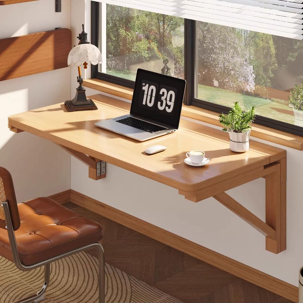 GHFXSCV Wall-Mounted Folding Table, Solid Wood Brackets, Space-Saving Floating Desk for Dining Room, Laundry Room or Office, 120 x 60 cm (47 x 24 in), Ideal for Small Spaces