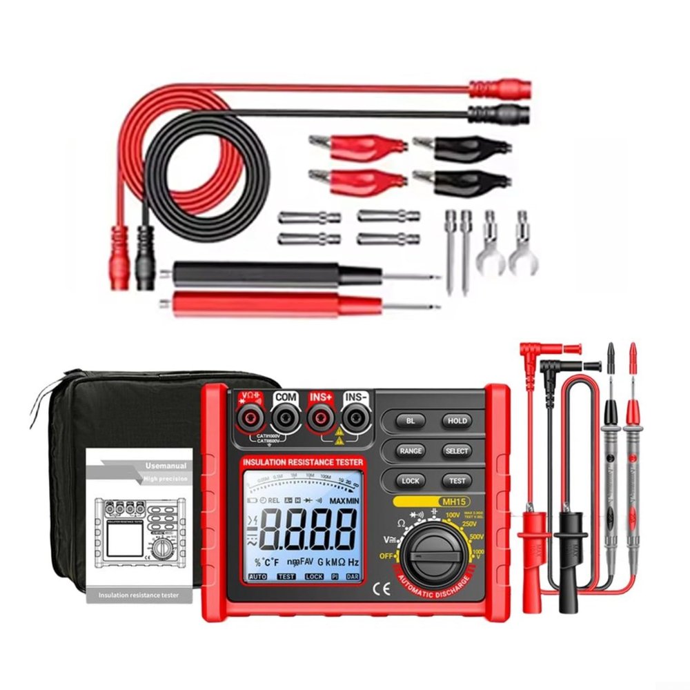 MH15 Digital Insulation Resistance Tester, 100/250/500/1000 V, Megohmmeter with Large LCD and Backlight