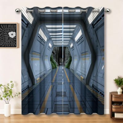 Blackout Curtains H 230 x W 117 cm, 2 Panels – Space Video Game Design, Gray-Blue