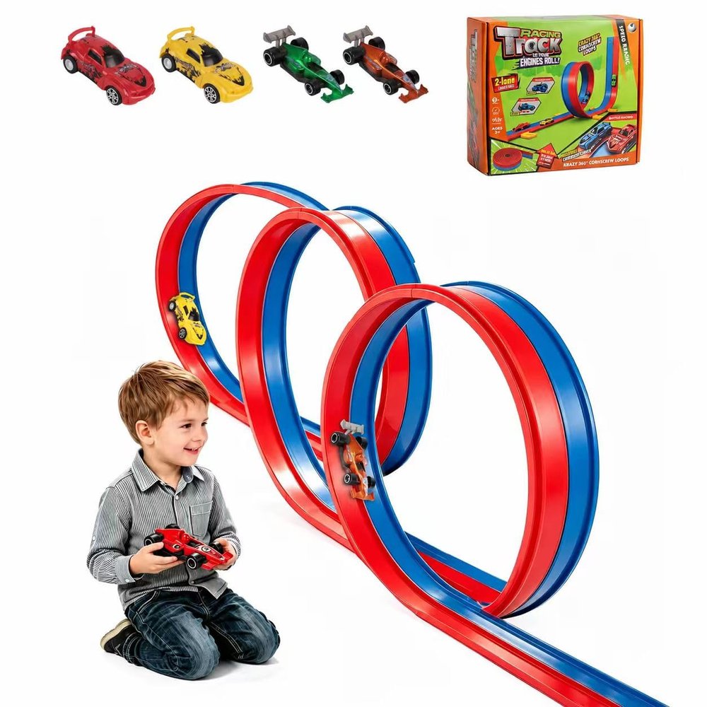 Flexible Kids' Racetrack - 5 m Silicone Track with Suction Cups, 4 Toy Cars, Portable Dual-Lane Track with Ramps, Gravity & Pull-Back Racing, Gifts for Girls & Boys