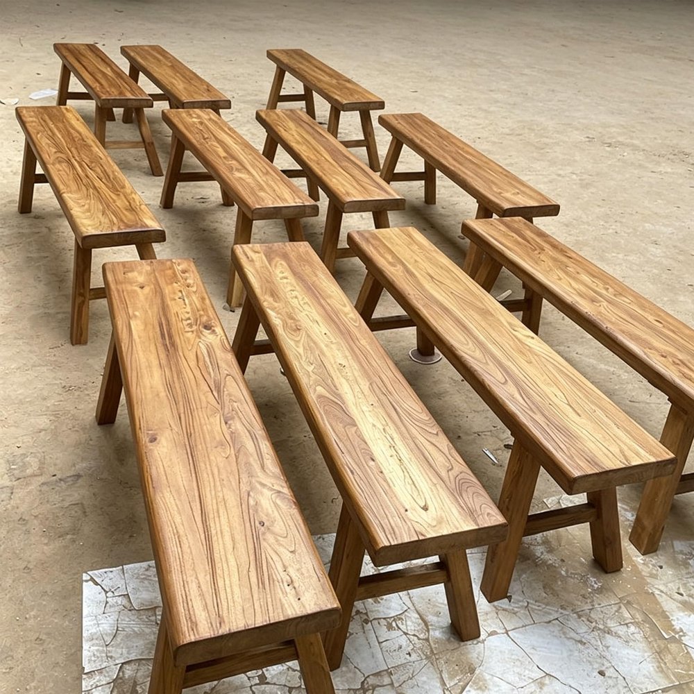 Solid Wood Farmhouse-Style Bench, Natural Finish, 140 x 26 x 45 cm