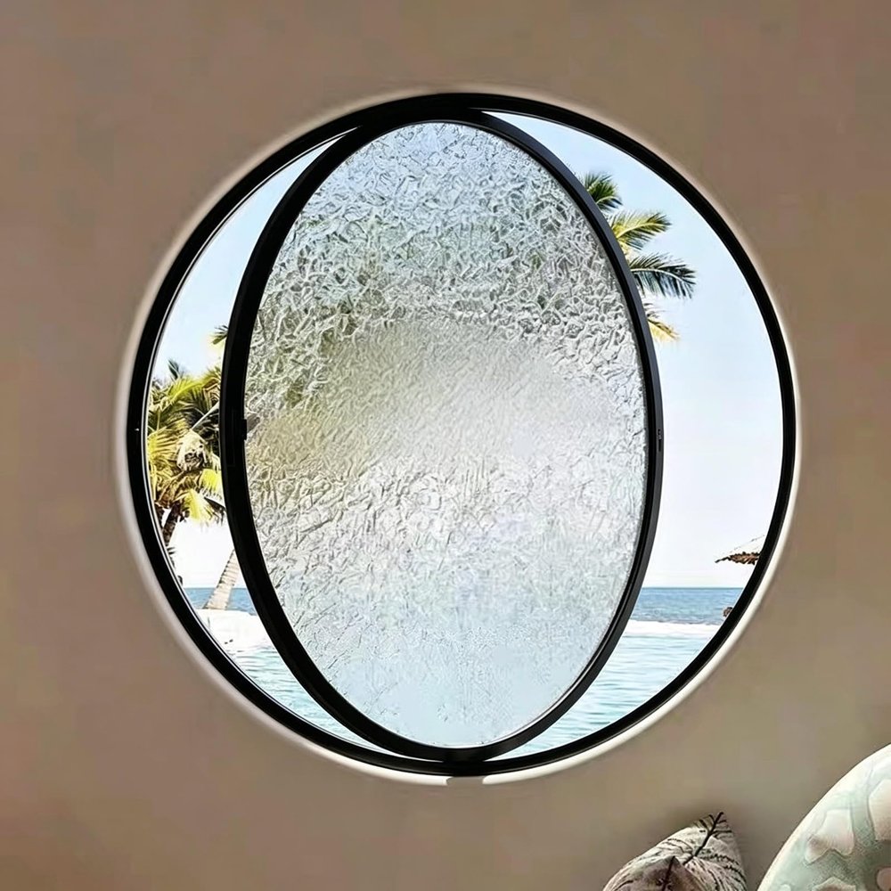 360° Rotating Round Aluminum Pivot Window with Glazing, Flush-Mounted Tempered Glass, Black Ripple, D90 cm/35.4 in