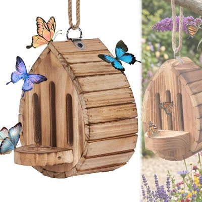 Wooden Butterfly House and Feeder for Gardens