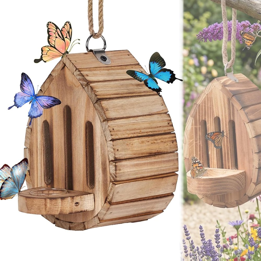 Wooden Butterfly House and Feeder for Gardens