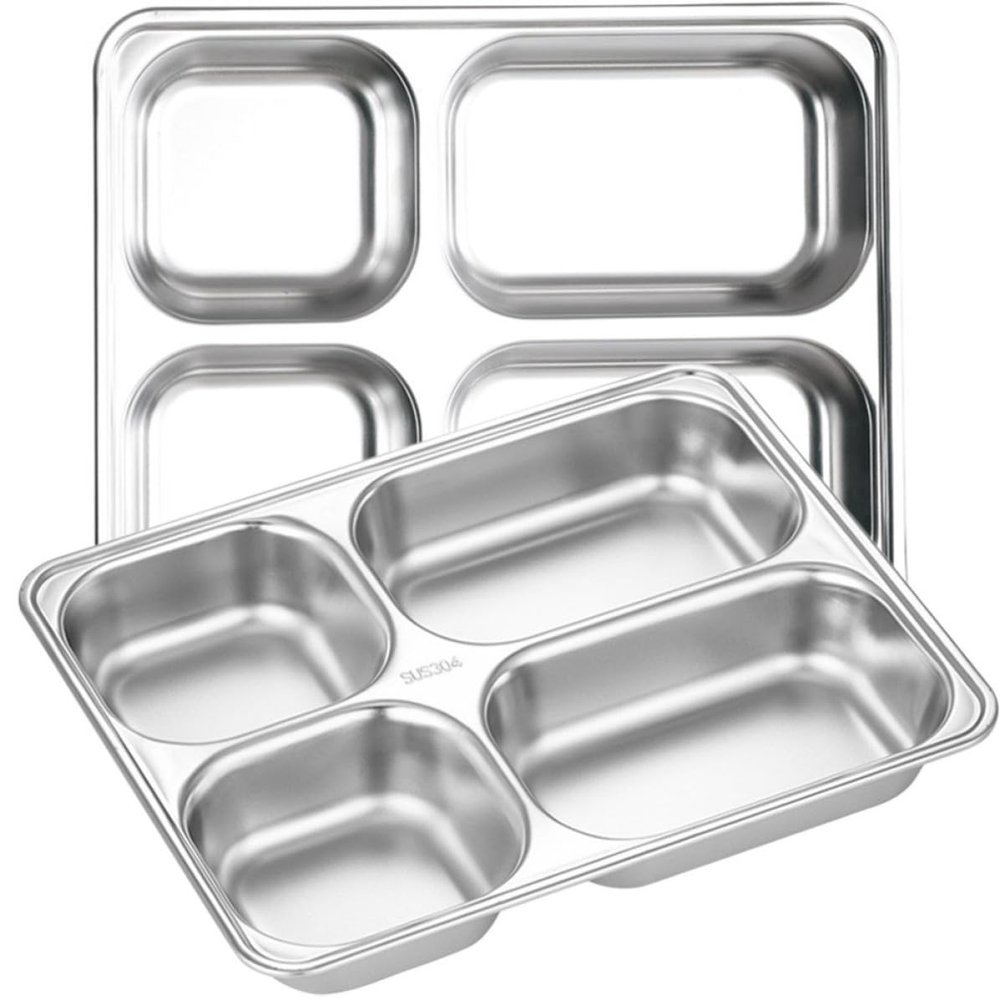 CALLARON 2-Piece Rectangular Stainless Steel Lunch Trays with Compartments, Silver