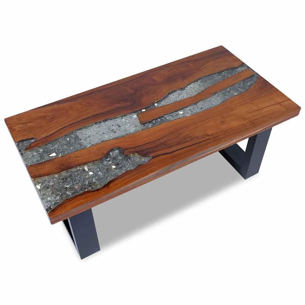 HETFTJN Teak Wood and Resin Coffee Table with Crushed Glass