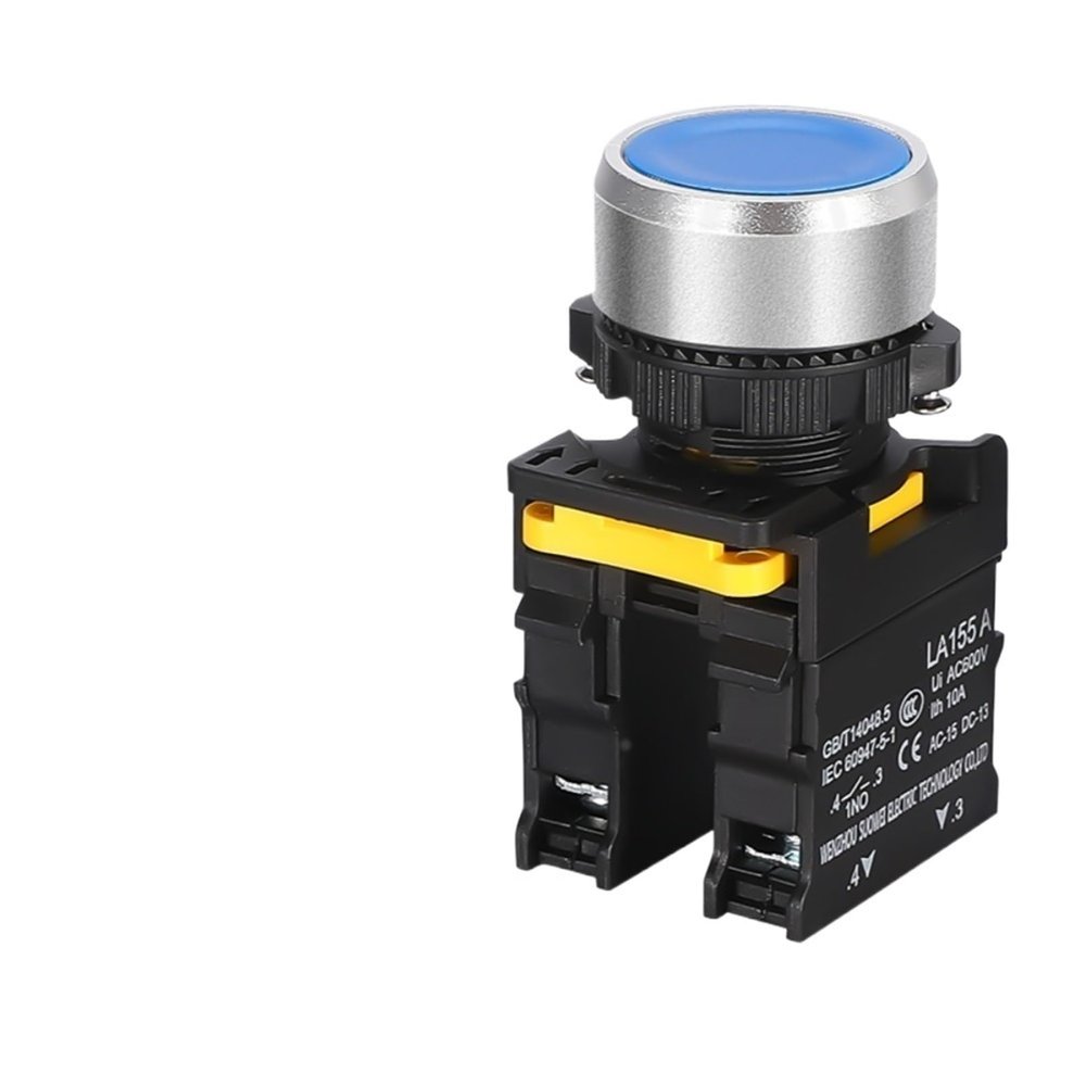 22 mm Waterproof Momentary/Self-Resetting/Self-Locking Flat Round-Head Push Button Switch, 10 A, 1NO/1NC, Blue, 1NO