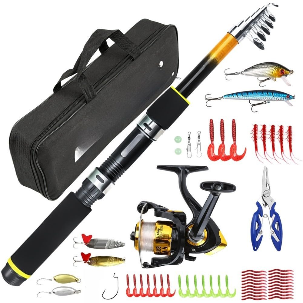 NiuLumea Short Fishing Rod and Reel Set, Portable FRP Rod with 5.2:1 Reel, Fishing Line and Accessories, Black