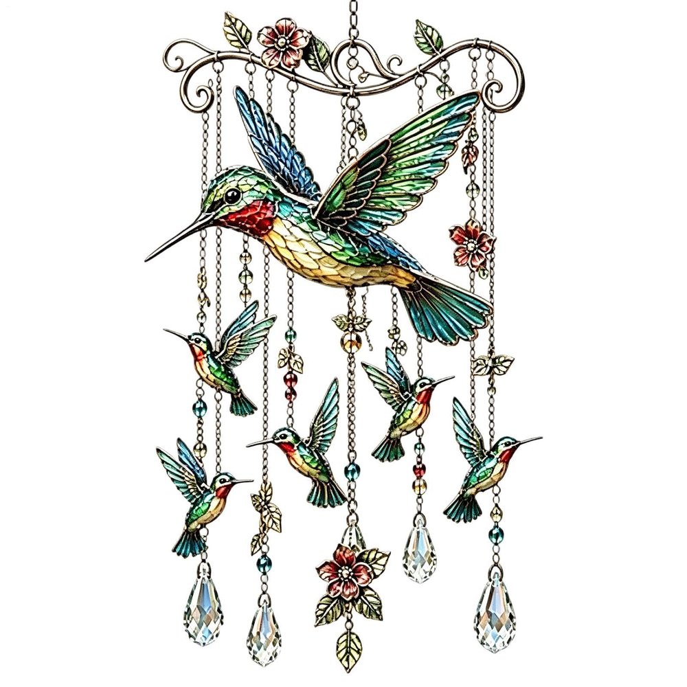 Hummingbird Wind Chime with Deep-Toned Glittering Crystal Pendant