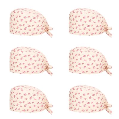 Tressify 6-Pack Women's Bouffant Caps, Red Cherry Blossom, Cotton, Adjustable Tie