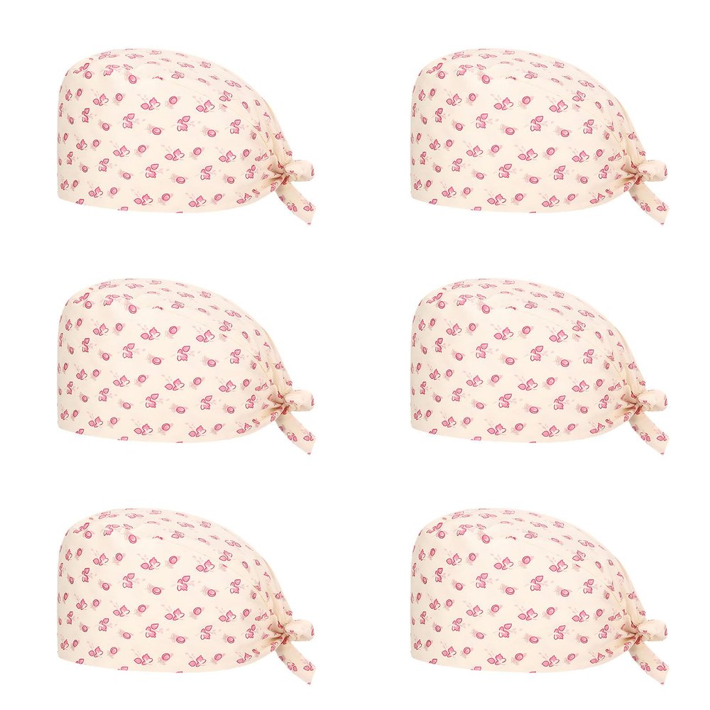 Tressify 6-Pack Women's Bouffant Caps, Red Cherry Blossom, Cotton, Adjustable Tie