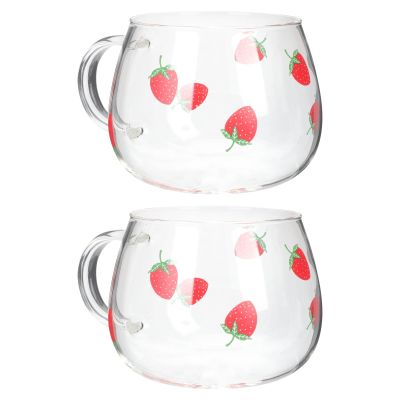 Strawberry Glass Drinking Cups, 400 ml, Transparent Red, 2-Piece Set for Christmas Parties