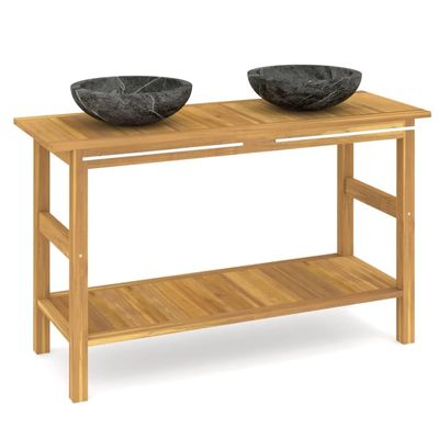 HETFTJN Double Vanity with 2 Solid Teak and Marble Sinks, 132 x 45 x 75 cm, Black