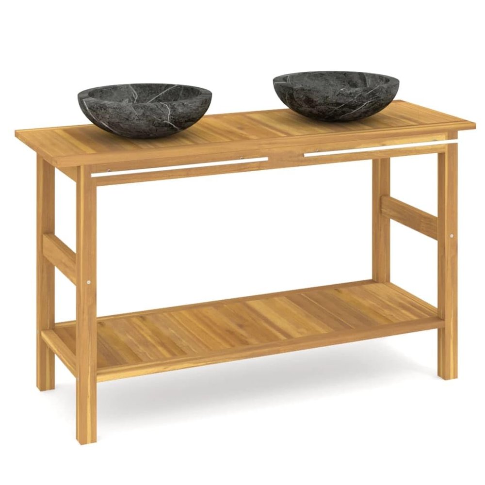 HETFTJN Double Vanity with 2 Solid Teak and Marble Sinks, 132 x 45 x 75 cm, Black