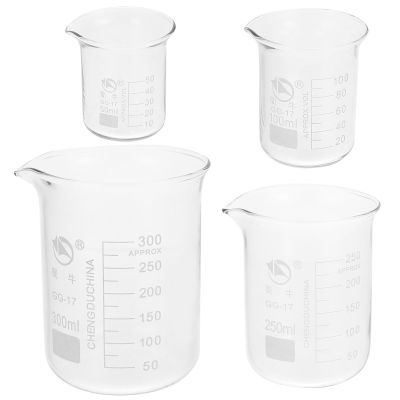 Mikikit 4-Piece Glass Laboratory Beaker Set with Spouts, Clear Graduations, 50–300 mL