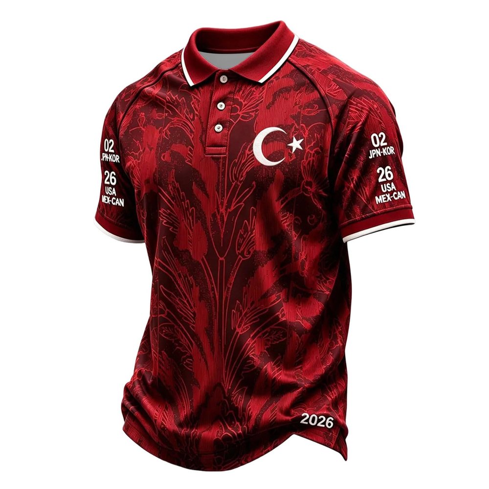 Türkiye 2026 World Cup T-Shirt for Men with Flag Print, Polo Style, XS