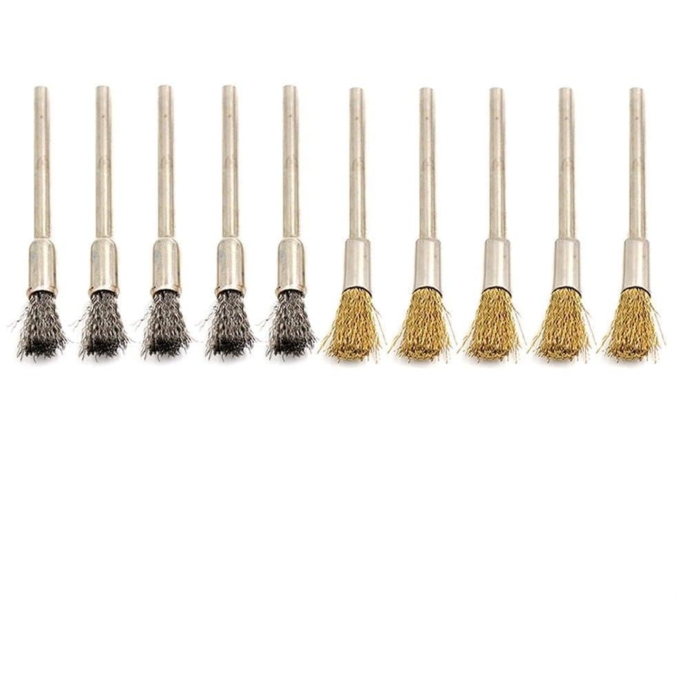 WheatThrive Wire Brushes, Rotary Tool Brushes, Rust Removers, 10-Piece Brass and Stainless Steel Polishing Set, 3 mm Shanks for Deburring and Metal Cleaning