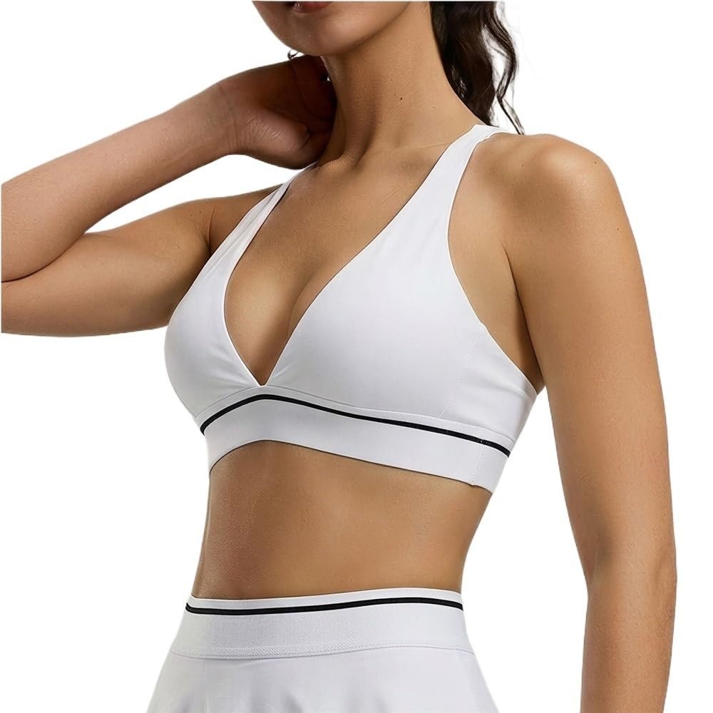 HongHeFu Sexy Wireless Yoga Bra, Fitted Deep V-Neck, White, Medium
