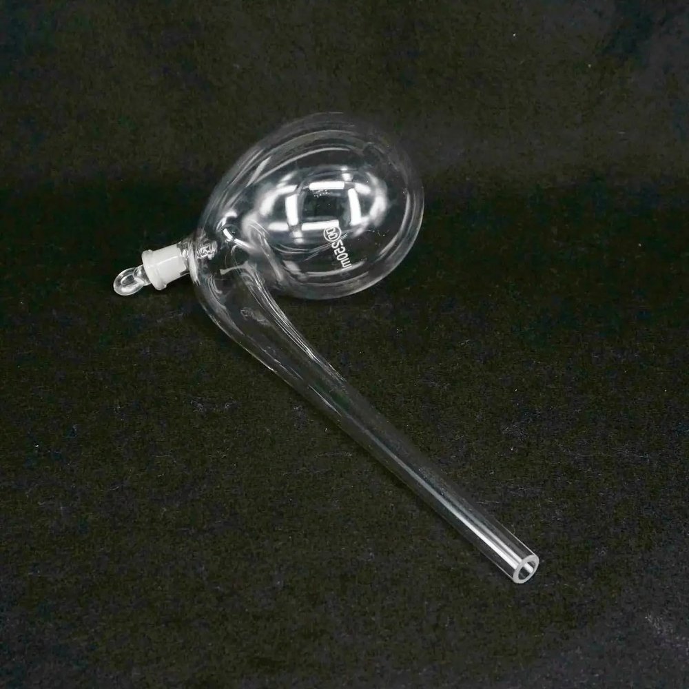 High-Borosilicate Glass Distillation Flask with Bottom Stopper, Long Curved Neck, 125 mL