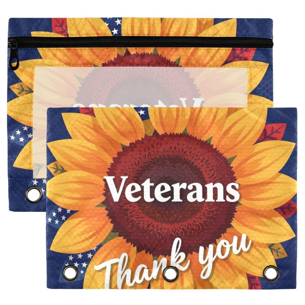 3-Ring Binder Pencil Pouches, 2-Pack, Waterproof, Clear Window, Storage Bag, Back-to-School Organizer, Thank You Veterans, Sunflower, U.S. Flag